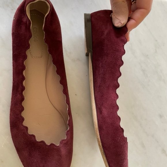 CHLOE $495 Maroon Suede Scallop Edge Ballet Flats 39. - Picture 2 of 9